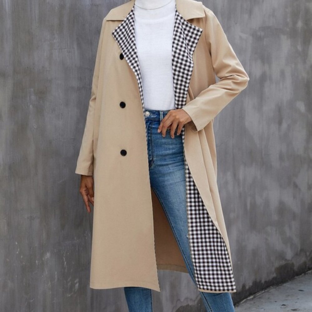 Gingham Lapel Trench Coat.